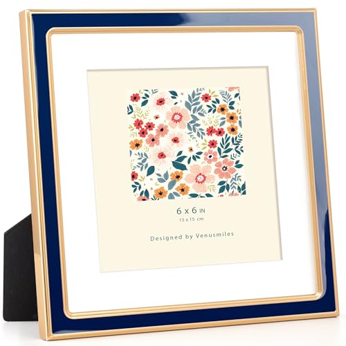 6x6 Enamel Picture Frame with Mat, Gold Edge, Navy Blue Enamel, 1pc - Aluminum Alloy Frame with Tempered Glass & Slide-in Back, for Wall & Tabletop Display, Family Office Gallery