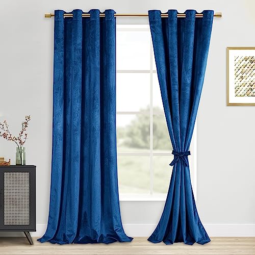 DWCN Blue Velvet Curtains 108 inches Long - Blackout Privacy Protect Window Drapes Thick Grommet Tieable Light Blocking Curtains & Drapes for Bedroom Living Room Home Decor, W52 x L108, 2 PCs