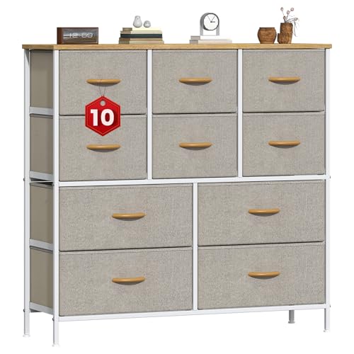 GoaHi Chest of Drawers, Large Dressers with Metal Frame and MDF Wooden Top Board, Adjustable Feet, Anti-Tip Safety, Storage Unit with 10 Drawers for Bedroom, Living Room, Closet, Office Beige