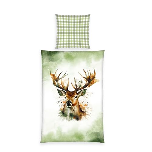 Herding Home Edition Flannel Bed Linen Deer Pillowcase Approx. 80 x 80 cm Duvet Cover Approx. 135 x 200 cm with Button Placket, 100% Cotton/Flannel