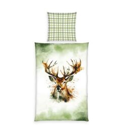 Herding Home Edition Flannel Bed Linen Deer Pillowcase Approx. 80 x 80 cm Duvet Cover Approx. 135 x 200 cm with Button Placket, 100% Cotton/Flannel
