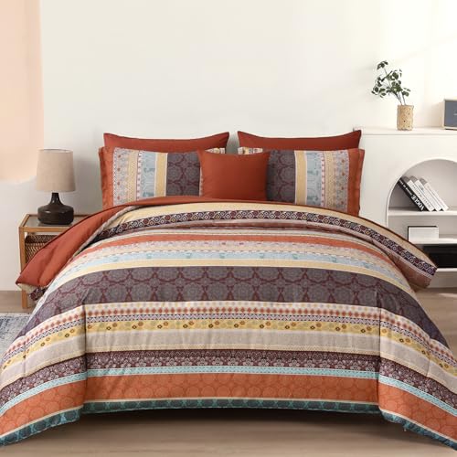 Cottolester Boho Comforter Set Queen Size,8 Pieces Red and Orange Bohemian Striped Bed in a Bag,Paisley Soft Microfiber Bedding Comforter Set
