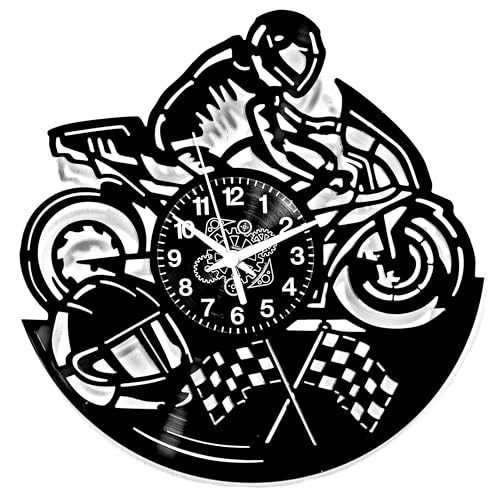 Instant Karma Clocks - Wall Clock - Motorcycle Racing - Motorcycle - Motorcycle - Gift Idea, Sporty Design with Checkered Flags, Decorative (Black-Vinyl)