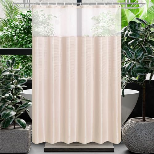 Gibelle Waffle Weave Shower Curtain with Mesh Top Window and Hooks Set, Spa Like Hotel Style Fabric Shower Curtain for Bathroom, Blush Pink, 72x72