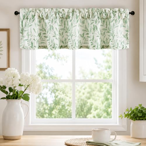 VOGOL Linen Textured Kitchen Curtains Valance, Country Style Leaf Pattern Window Treatments Home Decor, Small Rod Pocket Curtain Panels for Bay Windows, 1 Pack, 60x14