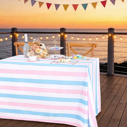SoarDream Pink and Blue Striped Tablecloth: 57 x 120 Inch Rectangle Waterproof Easter Tablecloth - Valentines Day Holiday Spring Picnic Outdoor Party Decoration