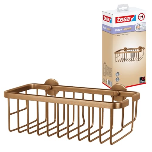 tesa MOON BRONZE Shower Shelf - Deep Shower Basket - 250 x 92 x 125 mm - Extra-deep single-tier wall storage - Brushed bronze PVD-coated metal - No drilling - Includes removable adhesive solution