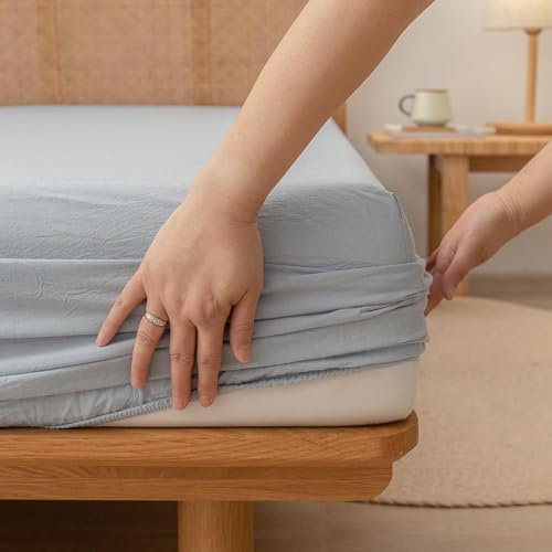 BESTOUCH Full Fitted Bottom Sheet???Breathable 100% Washed Cotton Linen-Like - 16-19 Inch Deep Pocket Fits Mattress - Fade Resistant Soft Comfy Durable Easy Care
