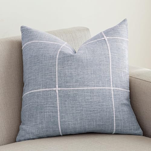 "vctops Rustic Lattice Cotton Linen Decorative Throw Pillow Cover Embroidery Square Cushion Cover Pillowcase for Sofa Bedroom Couch (Plaid Blue, 24""x24"")"
