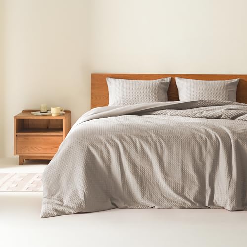 Comfort Spaces Taupe Queen Comforter Set - 3 Pieces Breathable Woven Waffle Knit Comforter Sets, Modern Farmhouse Boho Comforter & Shams, All Season Microfiber Queen Bed Set, Full/Queen