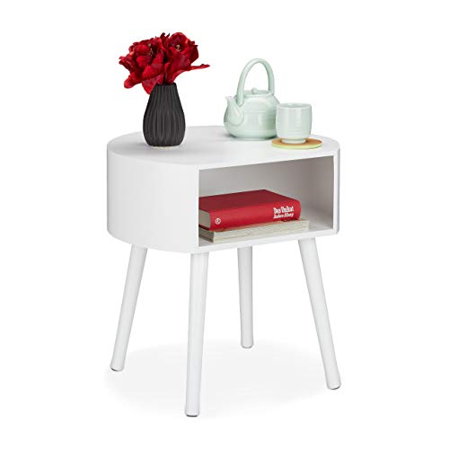 Relaxdays Side Table, Round Nightstand with Storage Compartment, Wooden Legs, Simple Design, HxWxD 47.5x46x40 cm, White