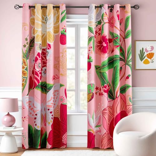 Tyrot Hot Pink Boho Floral Blackout Curtains for Girls Bedroom 84 inch Long 2 Panels Butterfly Black Out Curtains for Living Room Grommet Nursery Thermal Insulated Room Darkening Window Drapes,52Wx84L
