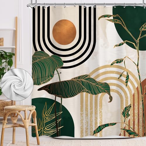 Glawry Abstract Mid Century Waffle Shower Curtain Green Boho Tropical Palm Tree Sun Arch Bathroom Modern Minimalist Aesthetic 72Wx72L Inches Bath Accessories Art Home Decor Fabric 12 Pack Hooks