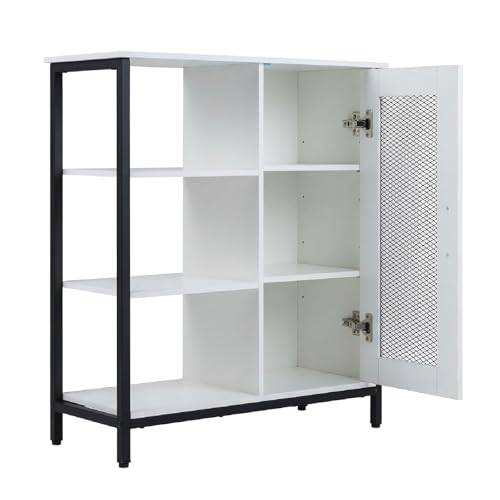 GiantexUK Kitchen Sideboard, Wooden Buffet Cabinet with Door, Adjustable Shelf and 3 Open Shelves, Freestanding Storage Cupboard Unit for Dining Living Room (1 Wire Door, White, 70x30x81cm)