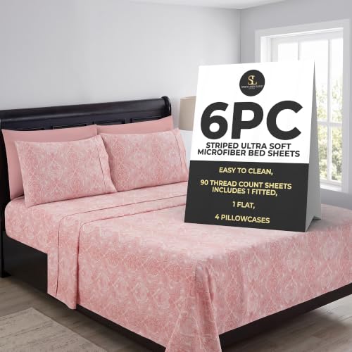 Spirit Linen Home 6-Piece Elegant Bed Sheet Set - Full, Soft Pink Paisley - Deep Pocket Soft and Breathable Microfiber Material Bed Sheets with 1 Fitted Sheet, 1 Flat Sheet, and 4 Pillowcases included