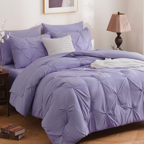 DOWNCOOL Purple Full Size Comforter Sets - 7 Pieces Pintuck Bed in A Bag Full, Pinch Pleat Full Bed Set,All Season Bedding Comforter Sets with Comforter, Flat Sheet, Fitted Sheet, Pillowcases & Shams