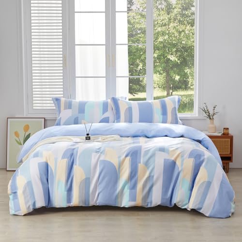 SAPHREAS Blue Geometric Pattern Duvet Cover Set 3pcs King Size 100% Cotton Colorful Blocks Bedding Comforter Cover Set 1 Duvet Cover 2 Pillow Cases