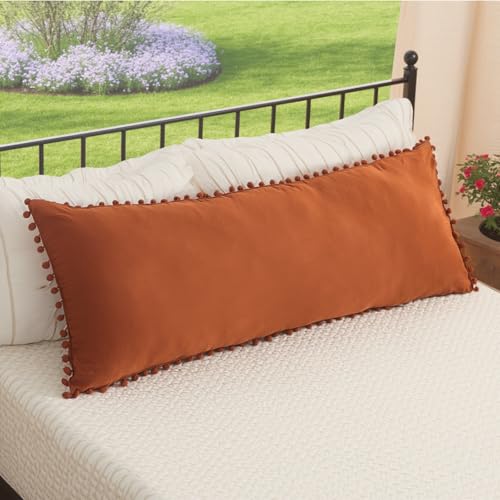 Burnt Orange Body Pillow Cover 20x54inches Boho Chic Pom Poms Fringe Decor Body Pillow Case Cover with Pocket Closure(Body,Rust)