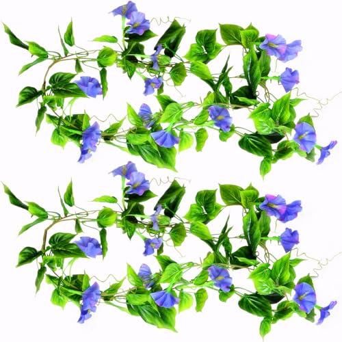 Fake Purple Morning Glory Plants, Artificial Hanging Vines Silk Flowers Decor Faux Ivy Plastic Greenery Garland Plant for Home Garden Yard Wall Fence Stairway Wedding Party Baskets Decoration 2 Pack