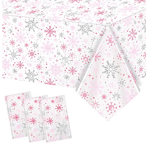Jecery Frozen Snowflake Tablecloth Frozen Birthday Party Decorations Winter Frozen Wonderland Plastic Table Cover Cloth for Kid Girl Birthday Baby Shower Party Supplies(Pink, 3 Pcs)