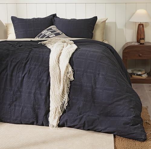 RUVANTI 100% Cotton Waffle Duvet Cover Queen Size Set, 3 Pieces, Charcoal, Ultra Soft Pre-Washed Bedding, Breathable Comforter Cover Set 8 Corner Ties, Button Closure