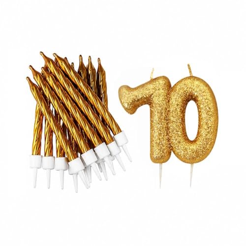 70th Birthday Gold Candle Kit, Glitter Number 70 Candle with 12 Metallic Spiral Cake Candles and Holders, Birthday Cake Decorations, Pack of 13