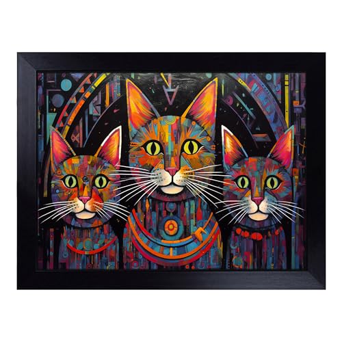 Lap Tray with Bean Bag Cushion, Egyptian Cat Futurism - Handmade in the UK, Raised Wooden Edge, Padded Cushion, Heat-Resistant Wipe-Clean Surface, for Meals, Laptops and Crafts