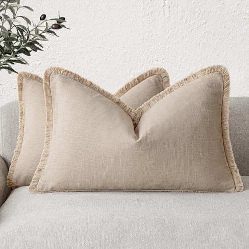 Foindtower Set of 2 Decorative Linen Cushion Covers with Fringes for Lumbar Cushion, Bohemian and Rustic Style with Tassels, Soft, for Sofa, Bed, Living Room, 30.5 x 50.8 cm, Beige Tan