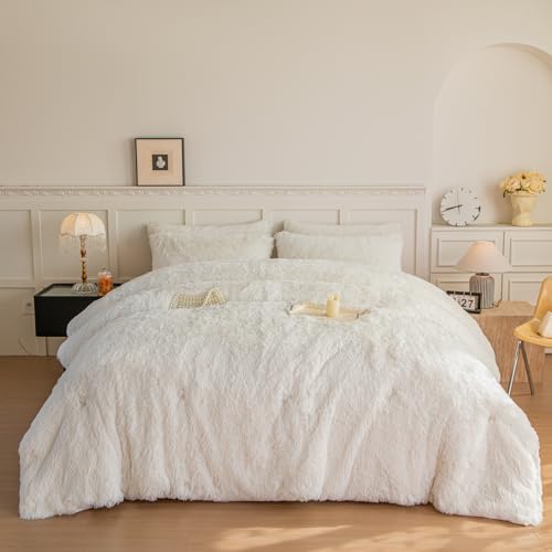 chovy Faux Fur Plush White Comforter Sets Full/Queen - Ultra Soft Shaggy Flannel Velvet Fluffy Fuzzy 3PC Bedding Set ???Comforter x 1 Pillowcases x 2???