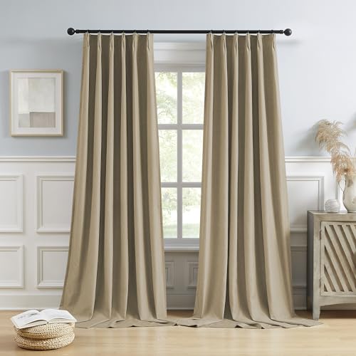 DUALIFE Pleated Opaque Curtains for Bedroom, 102 inches Long, Linen Blend, 100% Opaque, Thermal Insulated, Back Tabs with Hooks for Rail System, 2 Panels of 40
