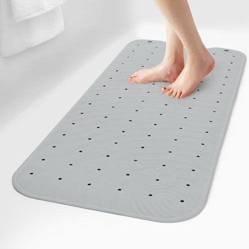 SelfSuite Rubber Bathtub Mat, Extra Long Non-Slip Shower Tub Mat, 39x16 Inch, Bath Tub Floor Mat with Suction Cups and Drainage Holes, Grey