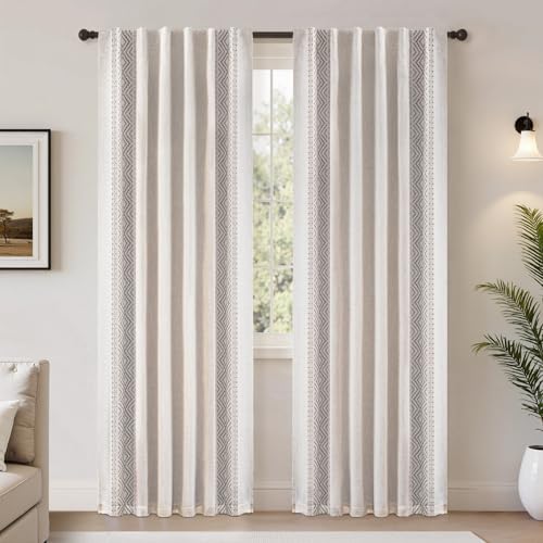 DriftAway Boho Linen Blackout Curtains Double Layer Thermal Insulated Farmhouse Vintage Geo Retro Square Printed Pattern Lined Drapes for Living Room Bedroom 84 Inches Long Back Tab 2 Panels Gray