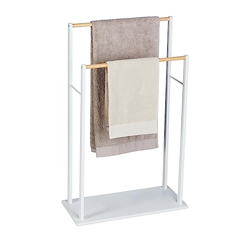 Relaxdays Towel Rack, 2 Bars, MDF & Bamboo, HWD: 91.5 x 57 x 25 cm, Free-Standing, Bathroom Drying Rail, White/Natural, Fibreboard