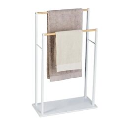 Relaxdays Towel Rack, 2 Bars, MDF & Bamboo, HWD: 91.5 x 57 x 25 cm, Free-Standing, Bathroom Drying Rail, White/Natural, Fibreboard