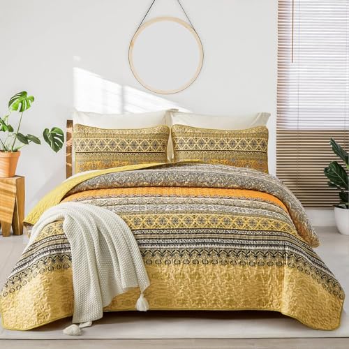 "WONGS BEDDING Boho Quilt Set Full Size (90""x78""), Yellow Orange Bohemian Bedspread Lightweight Soft Microfiber Bed Cover for All Season (3 Pieces)"