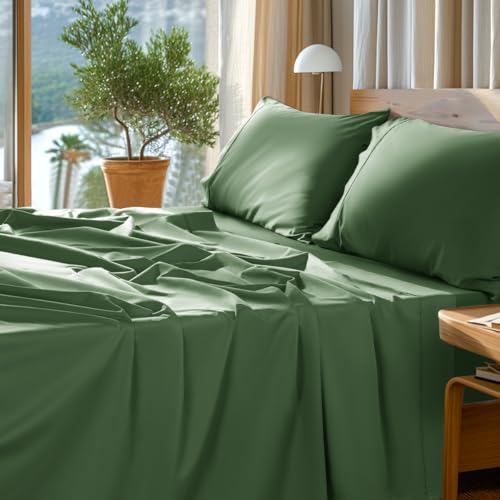 "SONORO KATE 1000 Series 100% Egyptian Cotton Queen Sheet Set,4 Pieces - Soft,Breathable Long Staple,Sateen Weave,Luxury 5-Star Hotel Bed Sheets,16"" Deep Pocket,Olive Green"