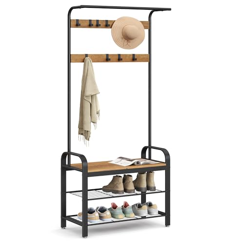 VASAGLE Coat Rack, Coat Stand with Shoe Storage Bench, 4-in-1 Design, with 9 Removable Hooks, a Clothes Rail, for Hallway, Entrance, 33.7 x 72 x 183 cm, Industrial, Rustic Walnut and Black HSR040B41