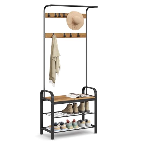 VASAGLE Coat Rack with Shoe Storage, 4-in-1 Design, 9 Hooks, Clothes Rail - Shoe Rack Bench, 73.6 x 34 x 183.5 cm, 2-Tier Shelf, for Hallway, Honey and Matte Black, Dacey Collection, HSR040B41