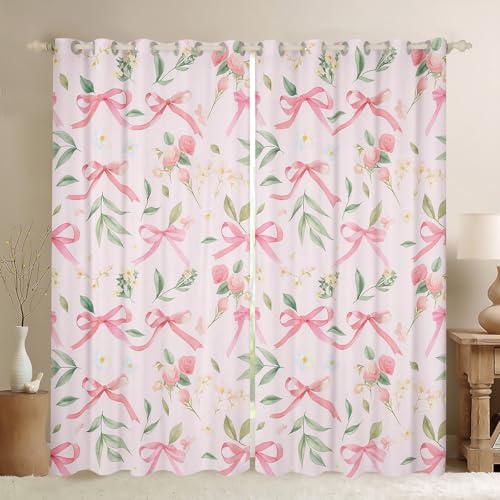 Feelyou Bow 30%-50% Room Darkening Blackout Curtain (2 Panels, 38 x 54 Inch) Pink Girls Bow Curtains for Bedroom Living Room Cute Bowknot Blackout Curtains Floral Flower Window Treatments Kawaii Bow