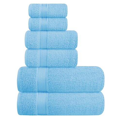 Belizzi Home Ultra Soft 6 Pack Cotton Towel Set, Contains 2 Bath Towels 28x55 inch, 2 Hand Towels 16x24 inch & 2 Wash Coths 12x12 inch, Ideal for Everyday use, Compact & Lightweight - Sky Blue
