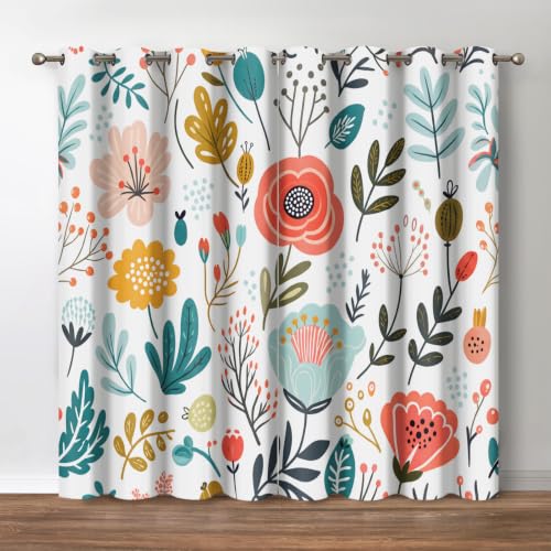 Jekeno Boho Botanical Floral Window Blackout Curtain - 42x84 Inch Grommet Bohemian Wildflower Blackout Curtain 2 Panel Set Nordic Floral For Home Bedroom Living Room