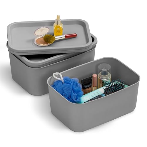 Iris Ohyama, Set of 3 Plastic Storage Boxes with Non-Snap Lid, Stackable, for Kitchen, Bathroom, Bedroom, Dressing Room, Office, Solid & Durable Organization, SNL-S