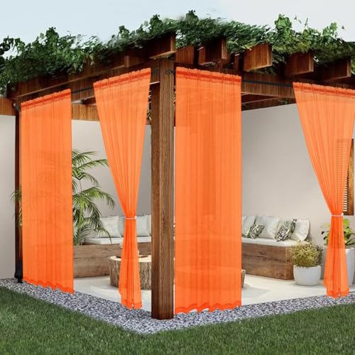 youleyar Sheer Outdoor Curtains for Patio Waterproof 2 Panels Linen Look Rod Pocket Indoor Orange Voile Curtain for Living Room, Bedroom, Porch, Pergola, Cabana, Gazebo(52x120 Inch, Orange)
