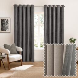 furn. Verso Blackout Eyelet Curtain Pair – Reversible Ring Top Light Blocking Suede Drapes (Charcoal - 117x183cm)
