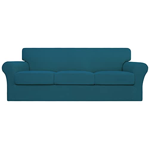 Easy-Going 4 Pieces Stretch Couch Cover Sofa Cover for Dogs Washable Sofa Slipcover for 3 Separate Cushion Couch Spandex Jacquard Fabric Elastic Furniture Protector for Pets, Kids(Peacock Blue, Sofa)
