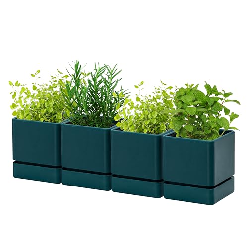 4 Inch Herb Planter Pot, Plastic Planter with Drainage Holes and Saucer, Modern Decorative Gardening Pot for Indoor Plants, Flowers, Herbs, Succulents, Green, Set of 4, 76-Y-C-4