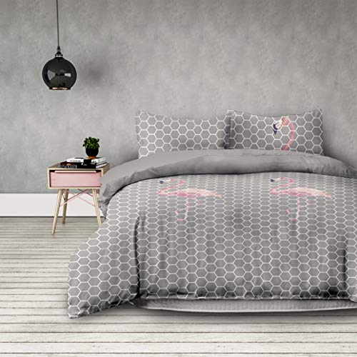 AmeliaHome Basic Collection Flamingo Duvet Cover Microfibre Zip Grey Steel Pink, Microfibre, Flamingo Light, 135x200 + 50x75