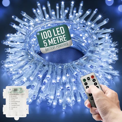 Globirite Garden Fairy Lights Battery Operated - 100 LED String Lights with Remote - 8 Lighting Modes - Battery Fairy Lights Indoor & Outdoor - Bedroom Aesthetic - (Cool White LED)