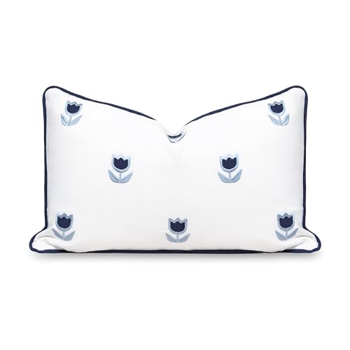 "Hofdeco Premium Coastal Patio Indoor Outdoor Lumbar Pillow Cover Only, 12""x20"" Water Repellent for Backyard, Couch, Navy Blue Embroidered Tulips Floral with Piping"
