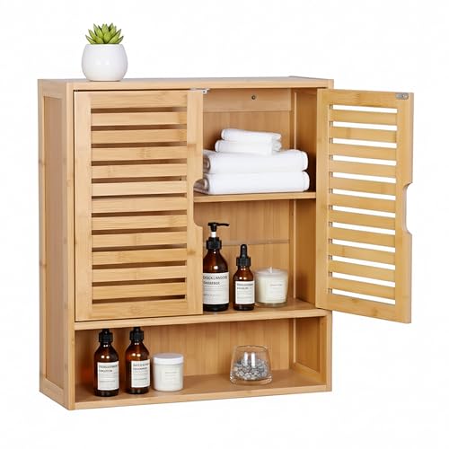 Relaxdays bathroom wall cabinet, 3 shelves, HWD: 66 x 59 x 21 cm, louvered doors, magnetic closure, slim, natural